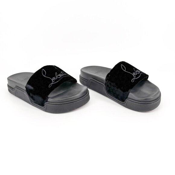 Christian Louboutin 'Navy Pool' Slide Sandals Size 37 US 7 Black Velvet Logo 34 - Picture 1 of 12